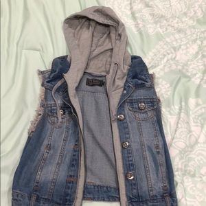 Denim vest jacket with hoodie